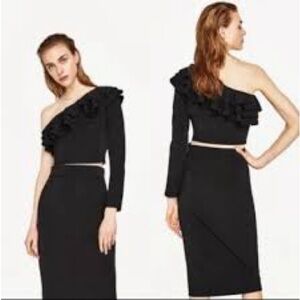 Zara Black Ruffle Off-Shoulder Crop Top